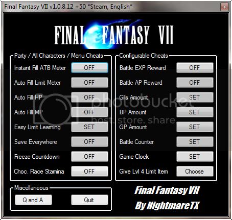 final fantasy 7 cheats steam.